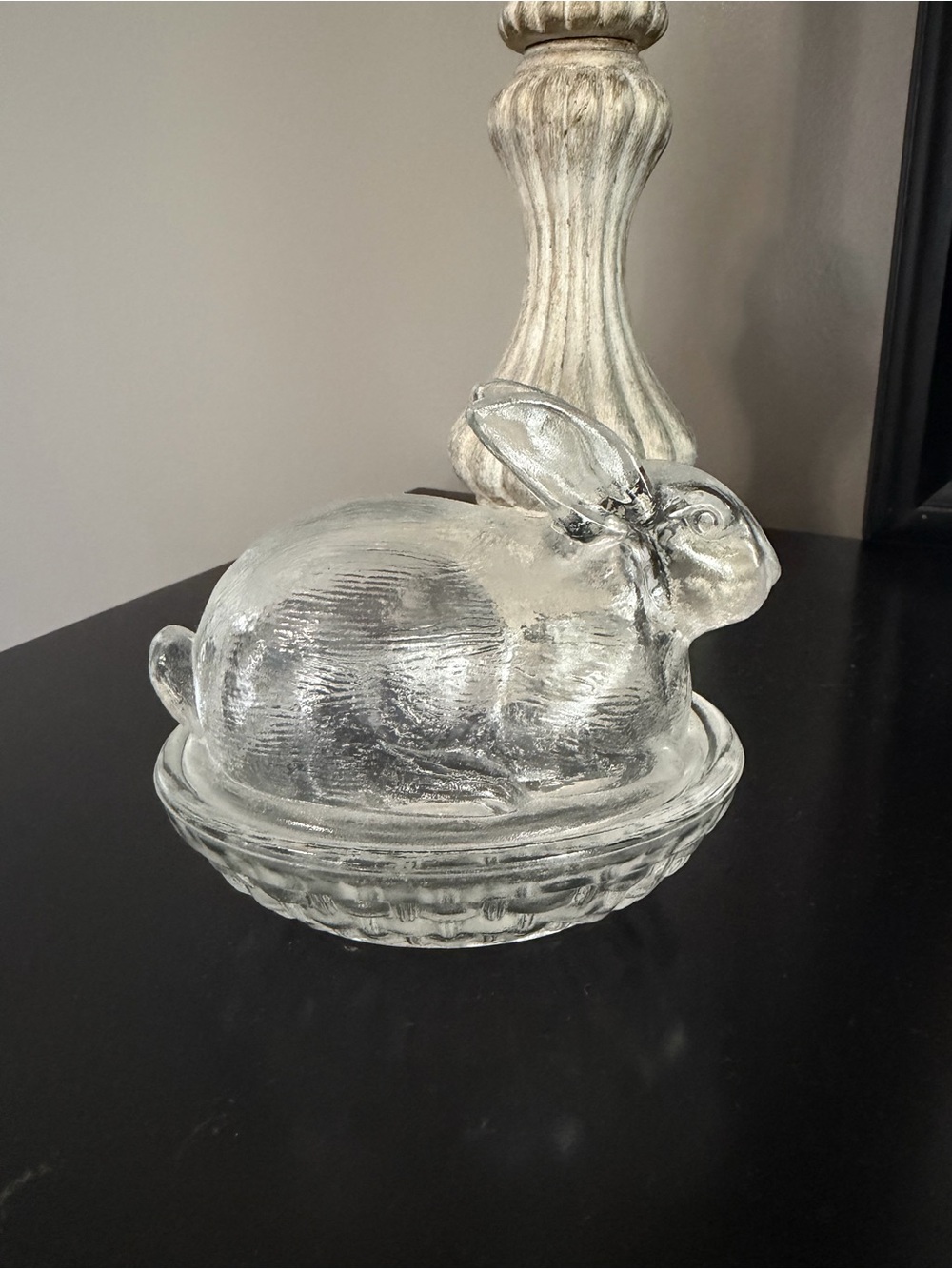 Vintage Clear Glass Bunny on Nest Covered Candy Trinket Dish